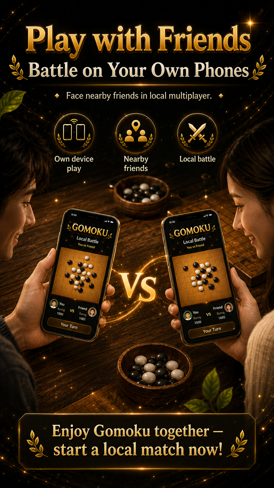 Two friends playing Gomoku together on their own phones